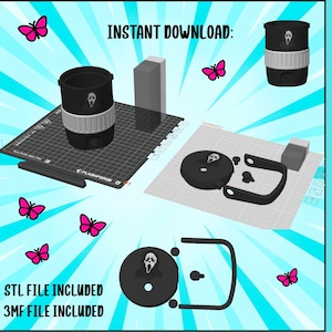 May include: A digital design for a can holder, featuring a black and white design with the Ghostface mask from the Scream movies. The image includes the text "Instant Download" and "STL File Included". Pink butterflies are scattered around the design.