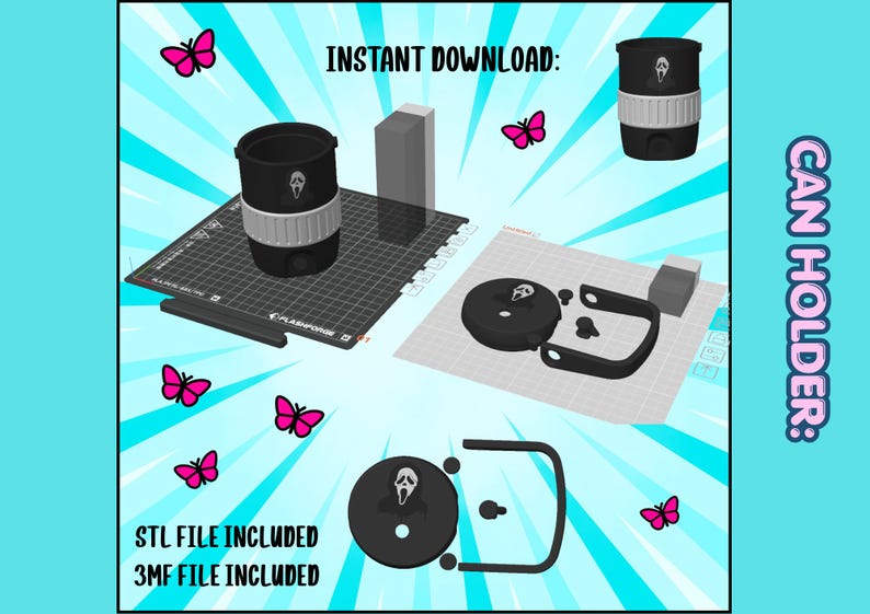 May include: A digital design for a can holder, featuring a black and white design with the Ghostface mask from the Scream movies. The image includes the text "Instant Download" and "STL File Included". Pink butterflies are scattered around the design.
