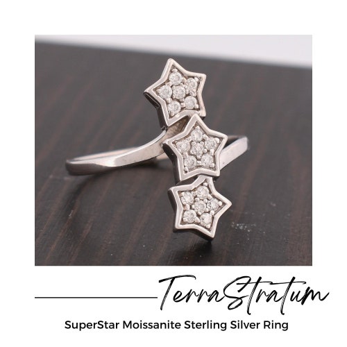 SuperStar Moissanite Silver store Ring, Stacker Ring, Sterling Silver Ring, Triple Star Ring, Everyday Ring