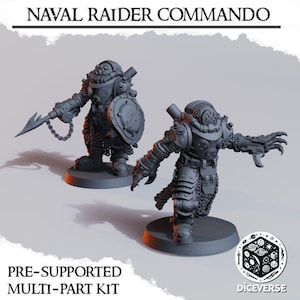 May include: Two gray Naval Raider Commando miniatures. One figure holds a spear and shield, the other has a mechanical arm. The text reads "NAVAL RAIDER COMMANDO" and "PRE-SUPPORTED MULTI-PART KIT". The Diceverse logo is also visible.
