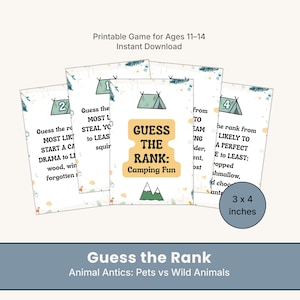 Puede incluir: Un conjunto de tarjetas de juego imprimibles tituladas "Adivina el rango: Diversión de acampada". Las tarjetas miden 7,6 x 10,2 cm y presentan ilustraciones y texto con temática de acampada. El juego está diseñado para edades de 11 a 14 años y está disponible para descarga instantánea.