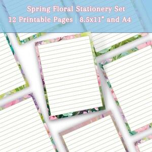 Papelería digital Spring Blooms / Papel para escribir imprimible con y sin rayas / Páginas para escribir cartas con motivos florales / Diario / Tamaño 8,5 x 11 y A4