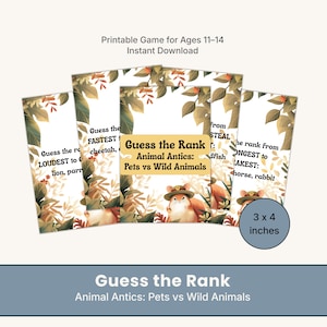 Puede incluir: Un juego imprimible para edades de 11 a 14 años, titulado "Adivina el rango: Animal Antics: Mascotas contra animales salvajes". Las tarjetas presentan ilustraciones de animales y miden 7,6 x 10,2 cm.
