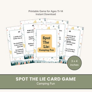 以下が含まれることがあります： 「Spot the Lie: Camping Fun」の印刷可能なゲームカードのセット。 各カードは、テキストとイラストが描かれた白い背景です。 カードのサイズは7.6 x 10.2 cmです。