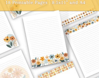 May include: A set of 18 printable stationery pages featuring a retro floral design. The pages are available in 8.5x11" and A4 sizes. The floral design features yellow, orange, and blue flowers on a white background.