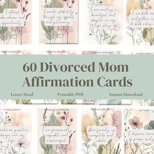 Affirmation de mère divorcée imprimable, citations édifiantes pour l'amour de soi, téléchargement numérique, cartes d'entretiens personnels, guérison après le divorce