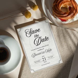 Save The Date-huwelijksuitnodiging, elegante uitnodiging Gepersonaliseerde huwelijksuitnodiging Aanpasbare sjabloon Minimalistische uitnodiging champagneglas