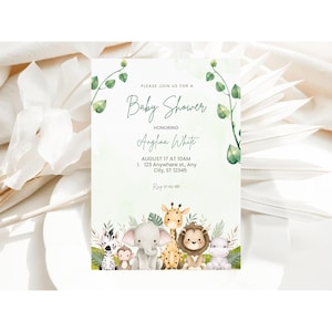 Invitación para baby shower con temática de jungla, plantilla de invitación de safari de género neutro, invitación editable con animales de safari, invitación para bebé niño, plantilla