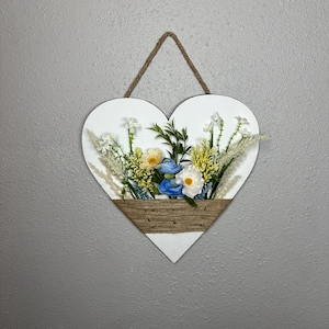 White heart wall decor, twine wrapped, spring floral arrangement, farmhouse wall decor