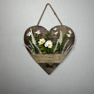 Wood heart wall decor, twine wrapped, floral arrangement, farmhouse wall decor