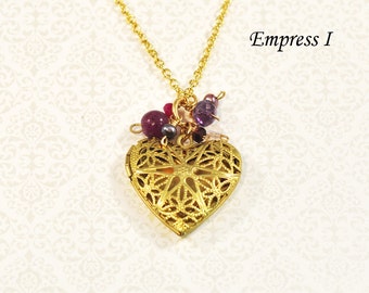 Raw Brass Filigree Heart, Locket, Necklace, Ruby, Amethyst, Garnet, Rose Quartz, Fresh Water Pearl, Gold Chain, Love, Jewelry For Women,