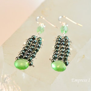 Green Glass and Freshwater Pearl Earrings, Green Earrings, Sterling Silver Jewelry, Jewelry For Women, Pearl Earrings, Handmade Jewelry