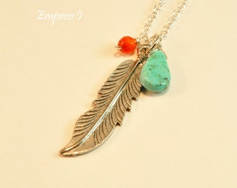 Silver Feather Necklace, Turquoise, Carnelian, Feather Necklace, Turquoise Necklace, Turquoise Jewelry, Feather Charm, Feather Jewelry, Gift