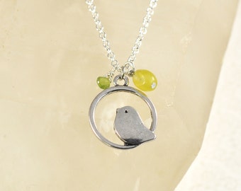 SALE - Silver Bird on Hoop, Long Silver Charm Necklace, Peridot, Serpentine, Birdy, Chain, Gemstone, Jewelry For Women, Trendy, Gift Idea