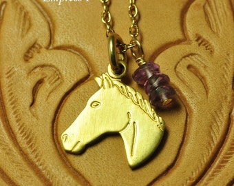 Tiny Brass Horse Necklace, Dainty, Charm, Equestrian, Purple Spinel, Trendy, Farm, Jewelry for Girls, Women, Gold, Petite, Gift Idea