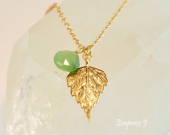 Green Chalcedony Aspen Leaf Necklace, Gold, Leaf Necklace, Green Necklace, Gold Jewelry, Jewelry For Women, Nature, Woodland, Trendy, Gift