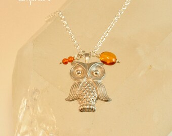 SALE - Silver Owl Necklace, Amber Necklace, Owl Necklace, Owl Jewelry, Woodland Jewelry, Animal Jewelry, Charm Necklace, Forest Animal, Gift