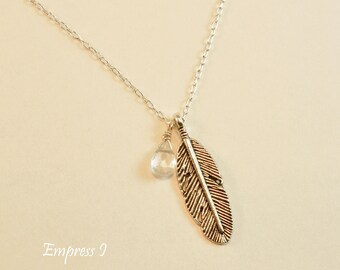 Silver Feather Necklace, Aqua Marine Necklace, March Birthstone, Feather Necklace, Feather Jewelry, Aqua Marine Jewelry, Gift Idea