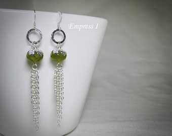 Olive Jade Longevity Earrings, Green, Silver Jewelry, Boho, Faceted, Chain, Handmade, Gift