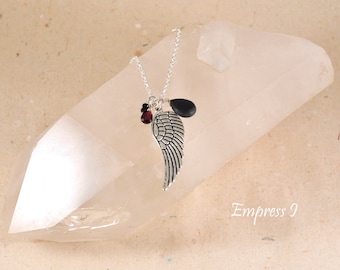 Silver Angel Wing Necklace, Garnet, Onyx, Black Spinel, Wing Necklace, Angel Jewelry, Guardian Necklace, Protection Necklace, Amulet, Trendy