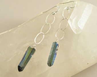 Iridescent Green Vapor Quartz and Sterling Silver Chain Link Earrings, Crystal Earrings, Sterling Silver Jewelry, Jewelry For Women, Gift