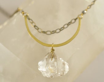 Herkimer Diamond Necklace, Clear Quartz Necklace, Herkimer Diamond Jewelry, Crystal Jewelry, Brass Jewelry, Handmade Jewelry, Healing Stone