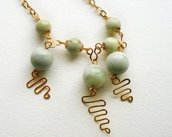 Pale Green Stone on Gold Chain Handmade Wire Wrapped Necklace