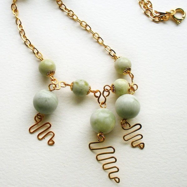 Pale Green Stone on Gold Chain Handmade Wire Wrapped Necklace