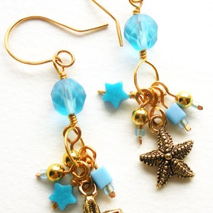 Handmade Charm Earrings with Turquoise Blue Glass Beads and Gold Starfish image 1