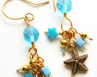 Handmade Charm Earrings with Turquoise Blue Glass Beads and Gold Starfish