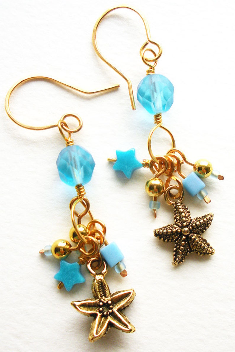 Handmade Charm Earrings with Turquoise Blue Glass Beads and Gold Starfish image 1