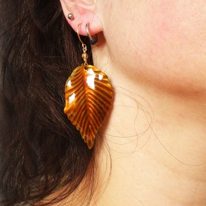 Handmade Dangle Earrings with Autumn leaves on gold wire image 4