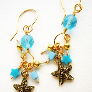 Handmade Charm Earrings with Turquoise Blue Glass Beads and Gold Starfish image 3