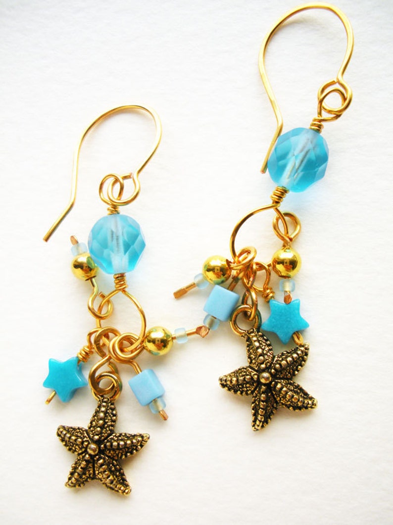 Handmade Charm Earrings with Turquoise Blue Glass Beads and Gold Starfish image 3