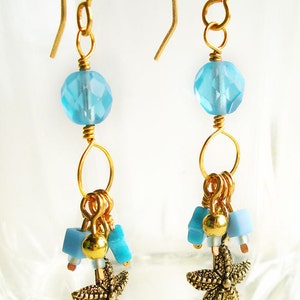 Handmade Charm Earrings with Turquoise Blue Glass Beads and Gold Starfish image 4