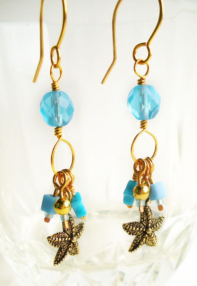 Handmade Charm Earrings with Turquoise Blue Glass Beads and Gold Starfish image 4