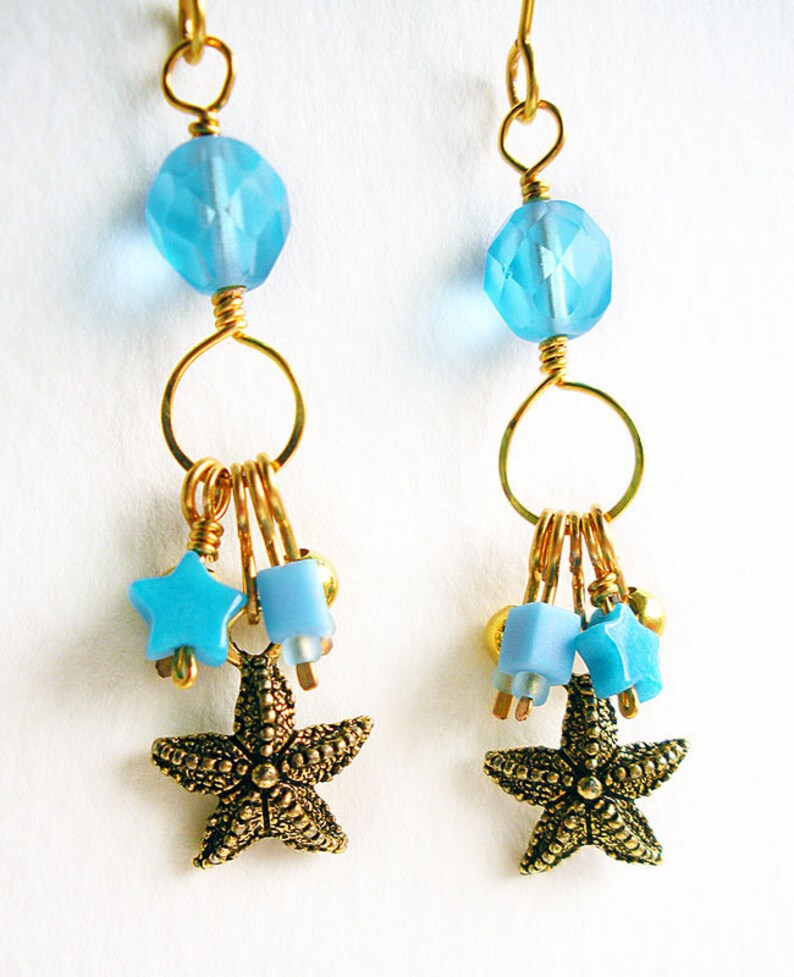 Handmade Charm Earrings with Turquoise Blue Glass Beads and Gold Starfish image 5