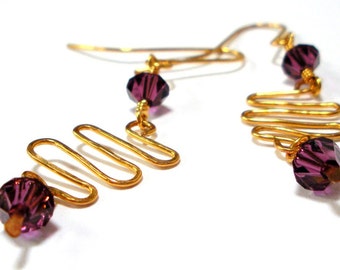 Handmade Hammered Wire Earrings with Purple Swarovski Crystals