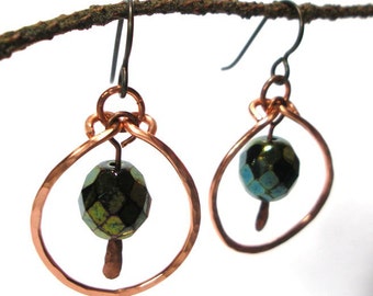 Green Iridescent Disco Beads in Handmade Copper Hoops Earrings