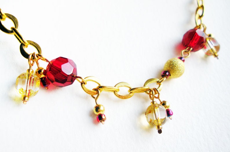 Charm Bracelet Handmade with Red Glass Beads and Gold Chain image 3