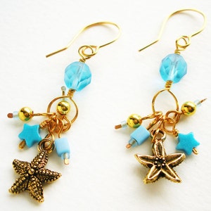 Handmade Charm Earrings with Turquoise Blue Glass Beads and Gold Starfish image 2