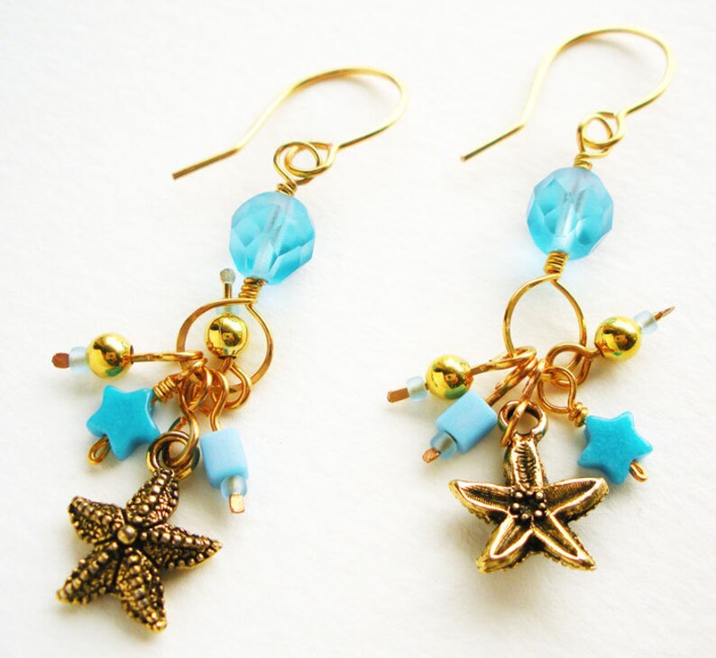 Handmade Charm Earrings with Turquoise Blue Glass Beads and Gold Starfish image 2