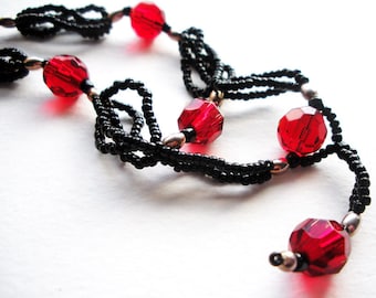 Beaded Handmade Red Black and Silver Drop Necklace