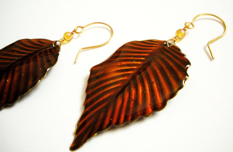 Handmade Dangle Earrings with Autumn leaves on gold wire image 2