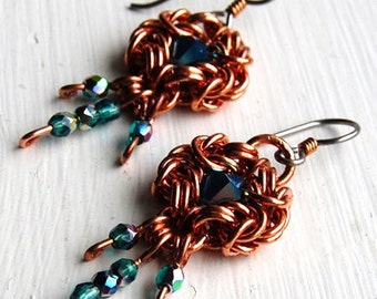 Copper Romanov Chainmail with Blue Opal Crystal Earrings