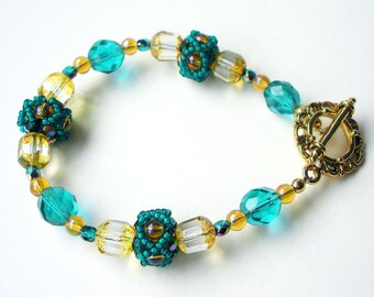 Turquoise and Yellow Handmade Beaded Beads Toggle Bracelet