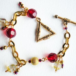 Charm Bracelet Handmade with Red Glass Beads and Gold Chain image 1