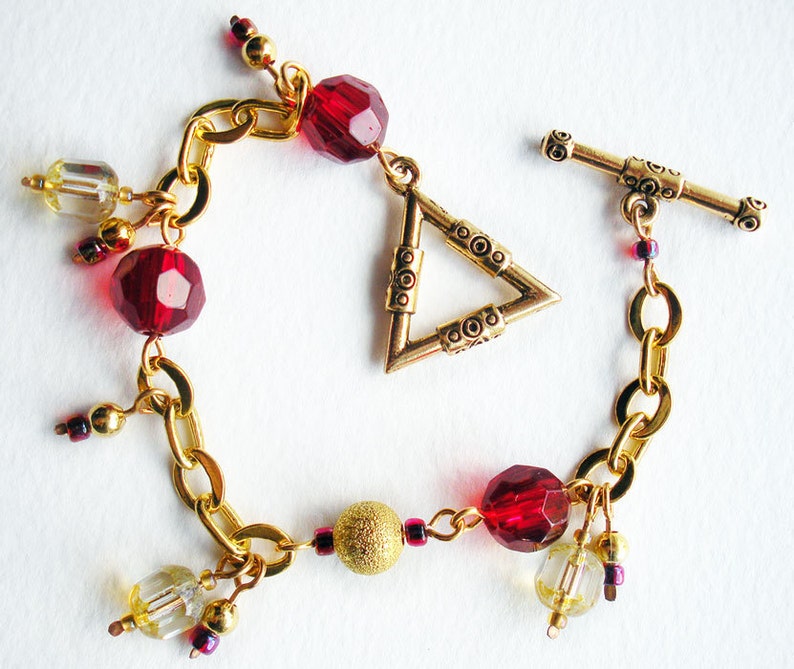 Charm Bracelet Handmade with Red Glass Beads and Gold Chain image 1