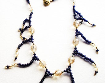 Handmade Woven Necklace in Navy Blue Seed Beads and Golden Champagne Glass