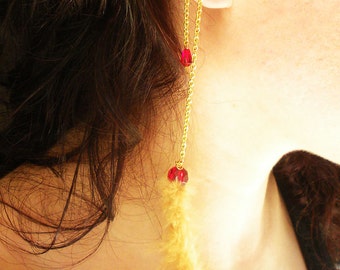 Handmade Gold Earcuff Shoulder Duster with Feather and Red Glass Beads on Gold Chain Dangle